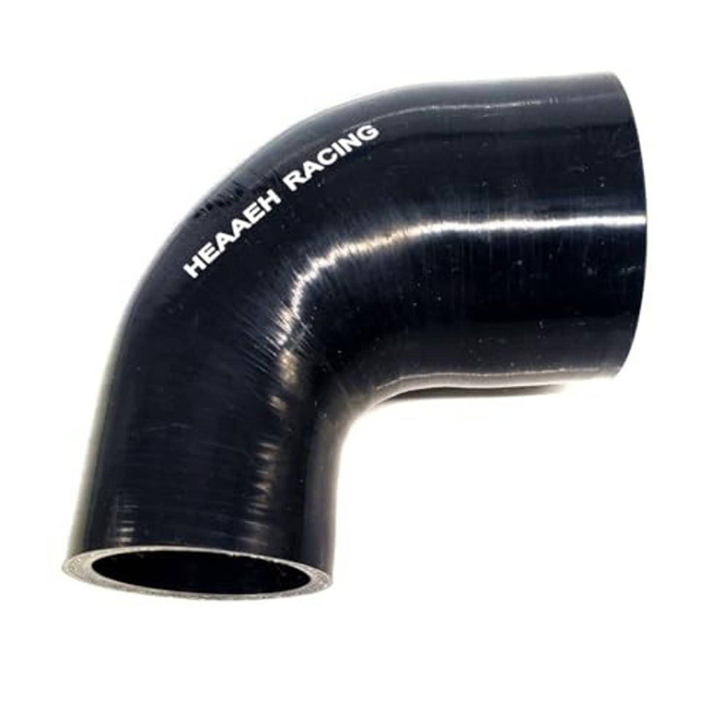 90-degree black silicone hose reducer elbow with HEAAEH RACING logo