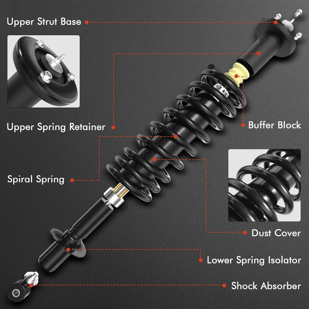 Front shock absorber strut assembly with dust cover, spring retainer, and bushing details