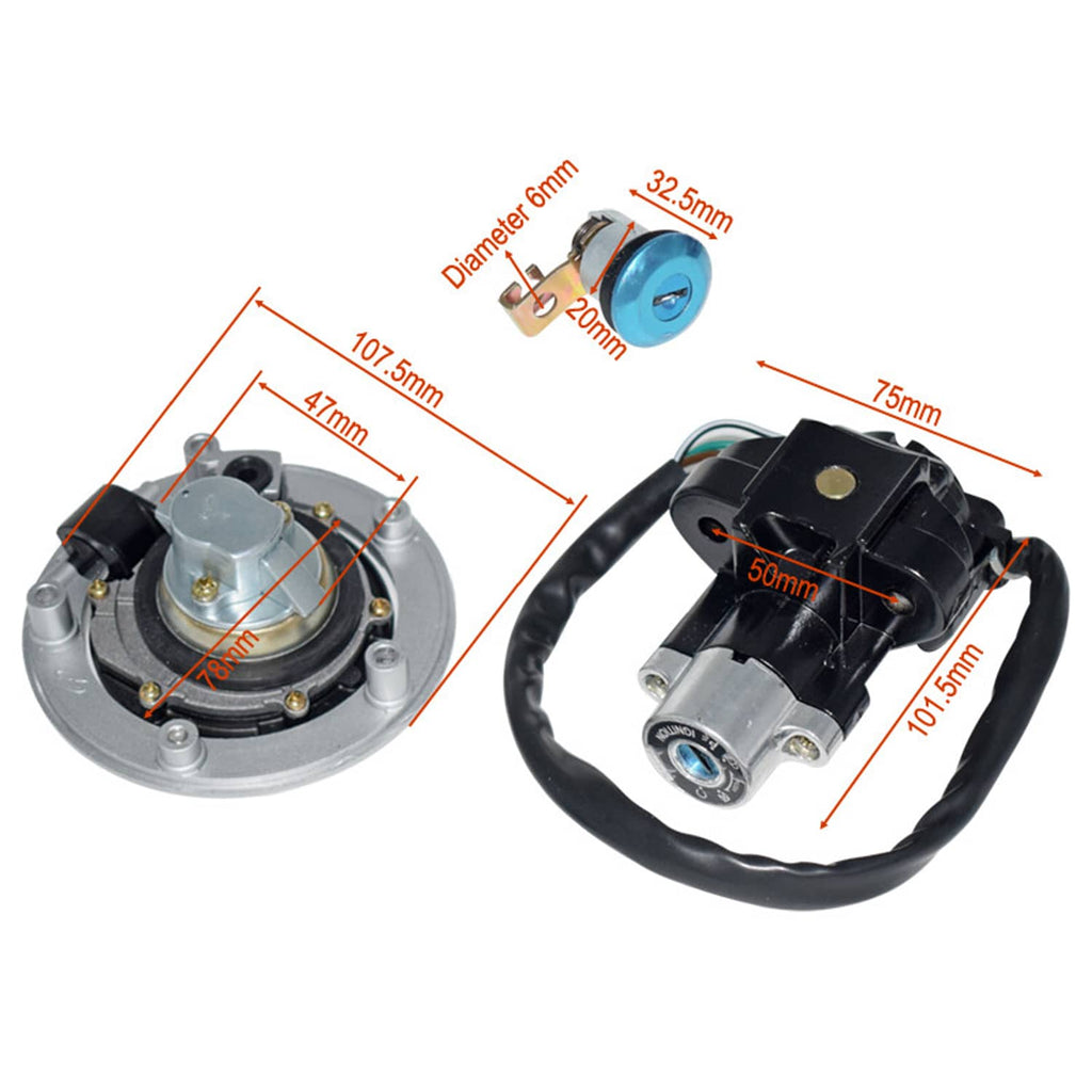 Ignition switch lock cylinder with wire harness and key lock, side view with measurements