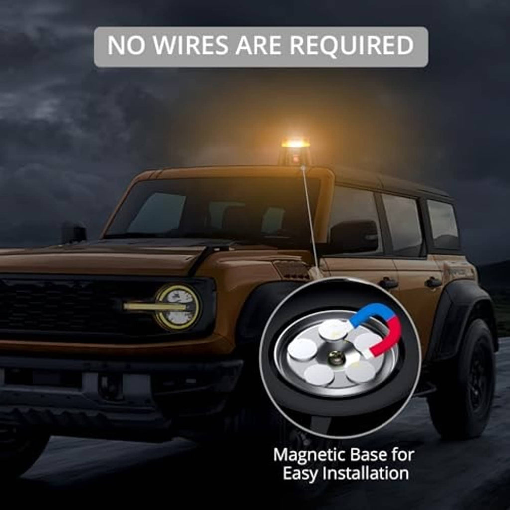 Amber magnetic base warning beacon strobe mounted on vehicle hood