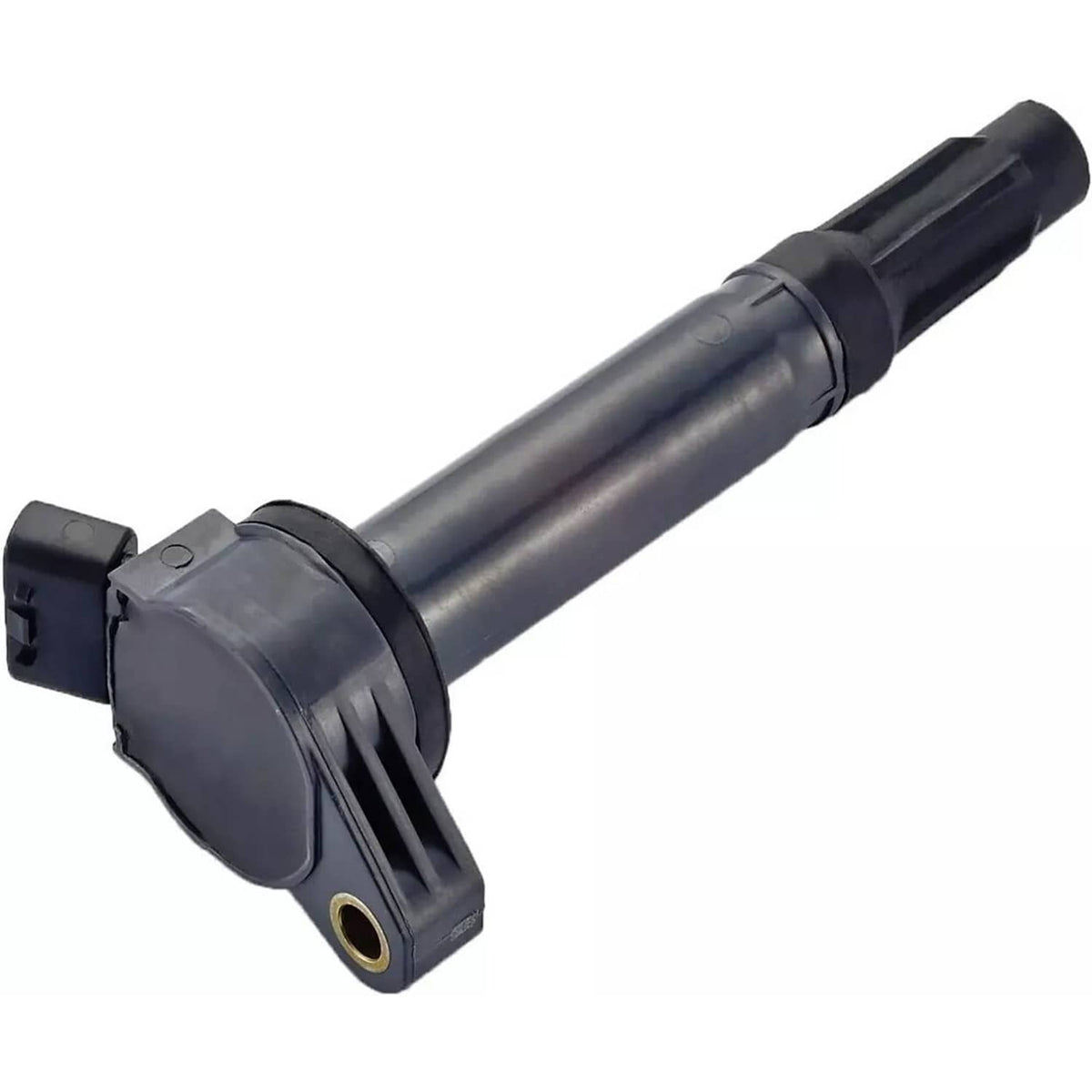 Black ignition coil with mounting base and connector, angled view