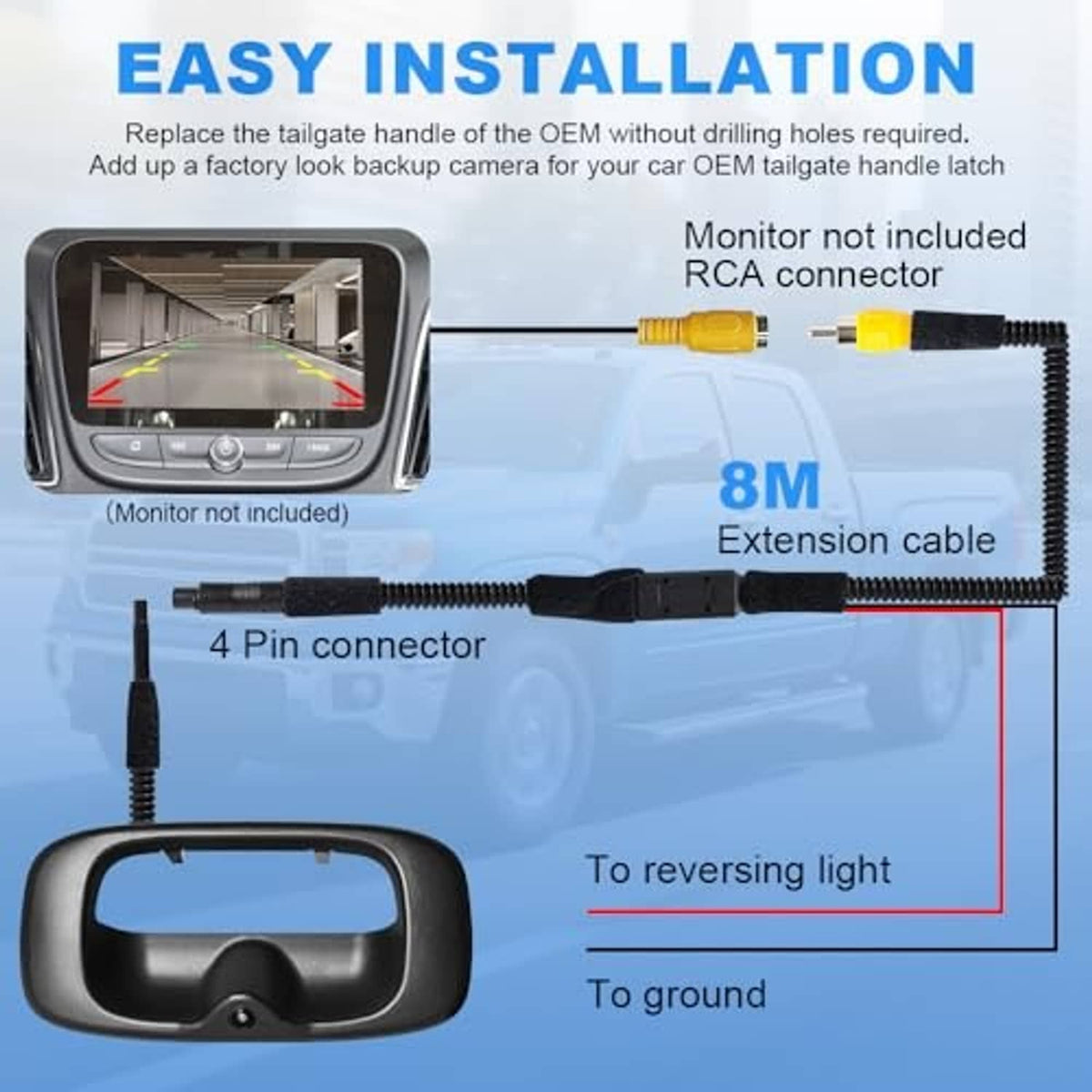 Tailgate handle backup camera with extension cable, 4-pin connector, and RCA lead