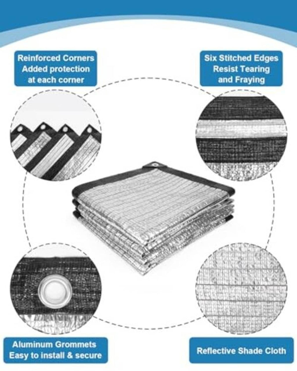 Silver reflective tarp fabric with aluminum grommets and stitched reinforced edges