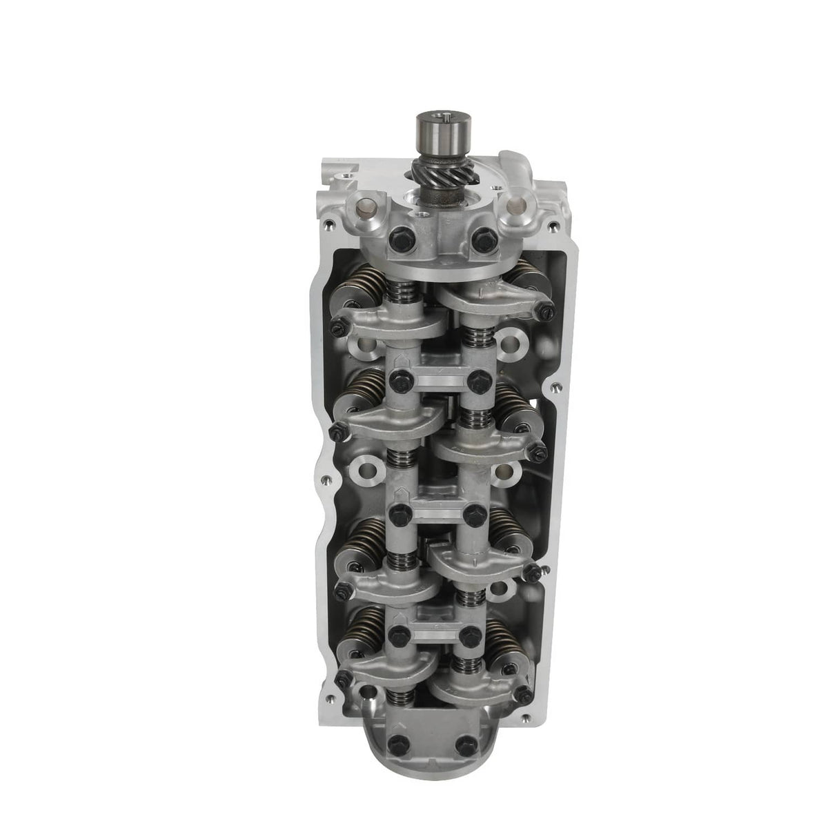 Cylinder head assembly end view with overhead cam components and valve springs
