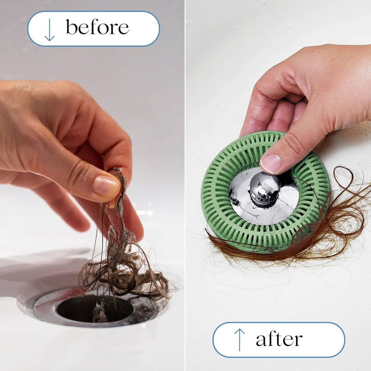 Sage green hair catcher placed over drain to help stop wet hair