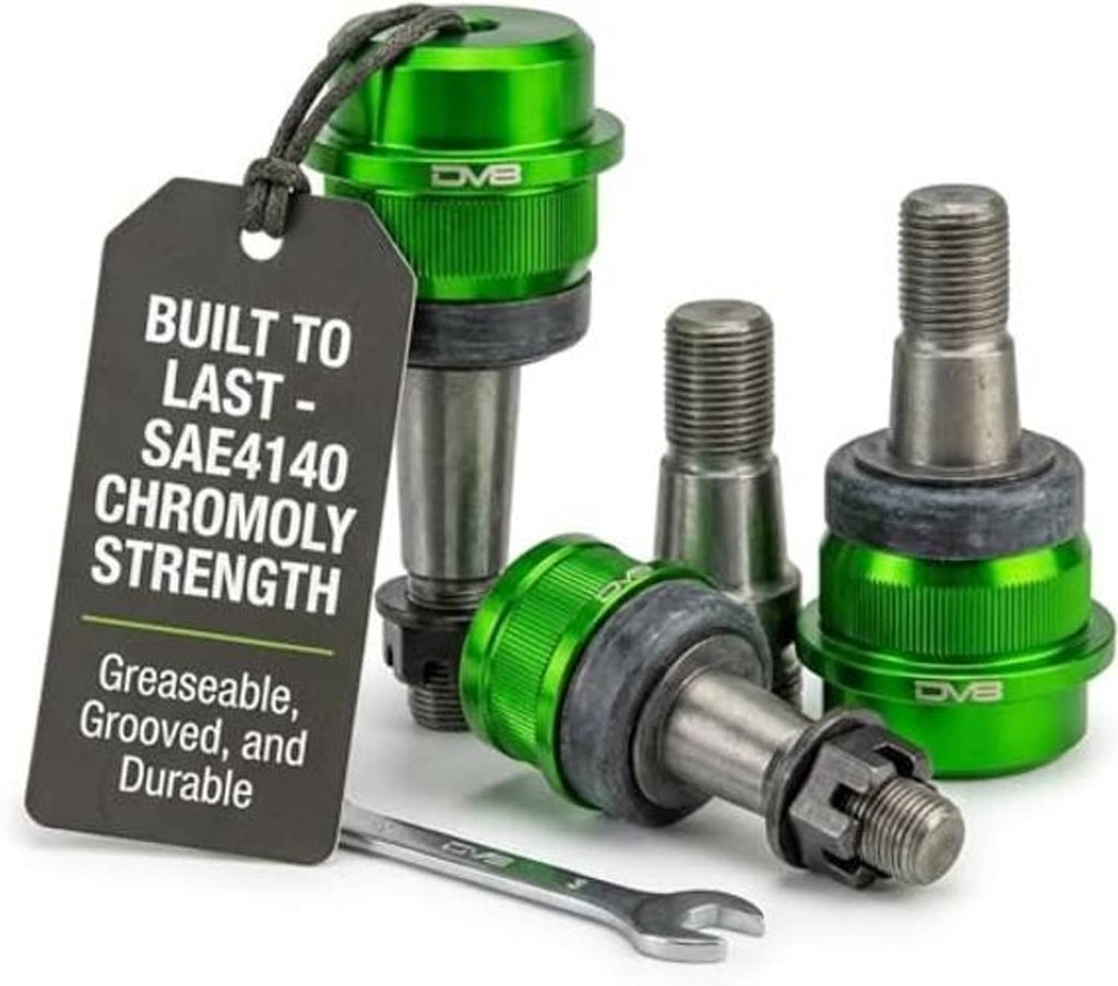 Green DV8 ball joint kit with three joints, threaded studs, and included wrench