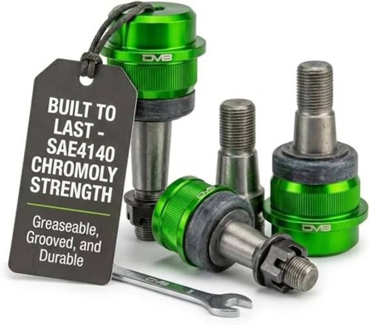 Green DV8 ball joint kit with three joints, threaded studs, and included wrench