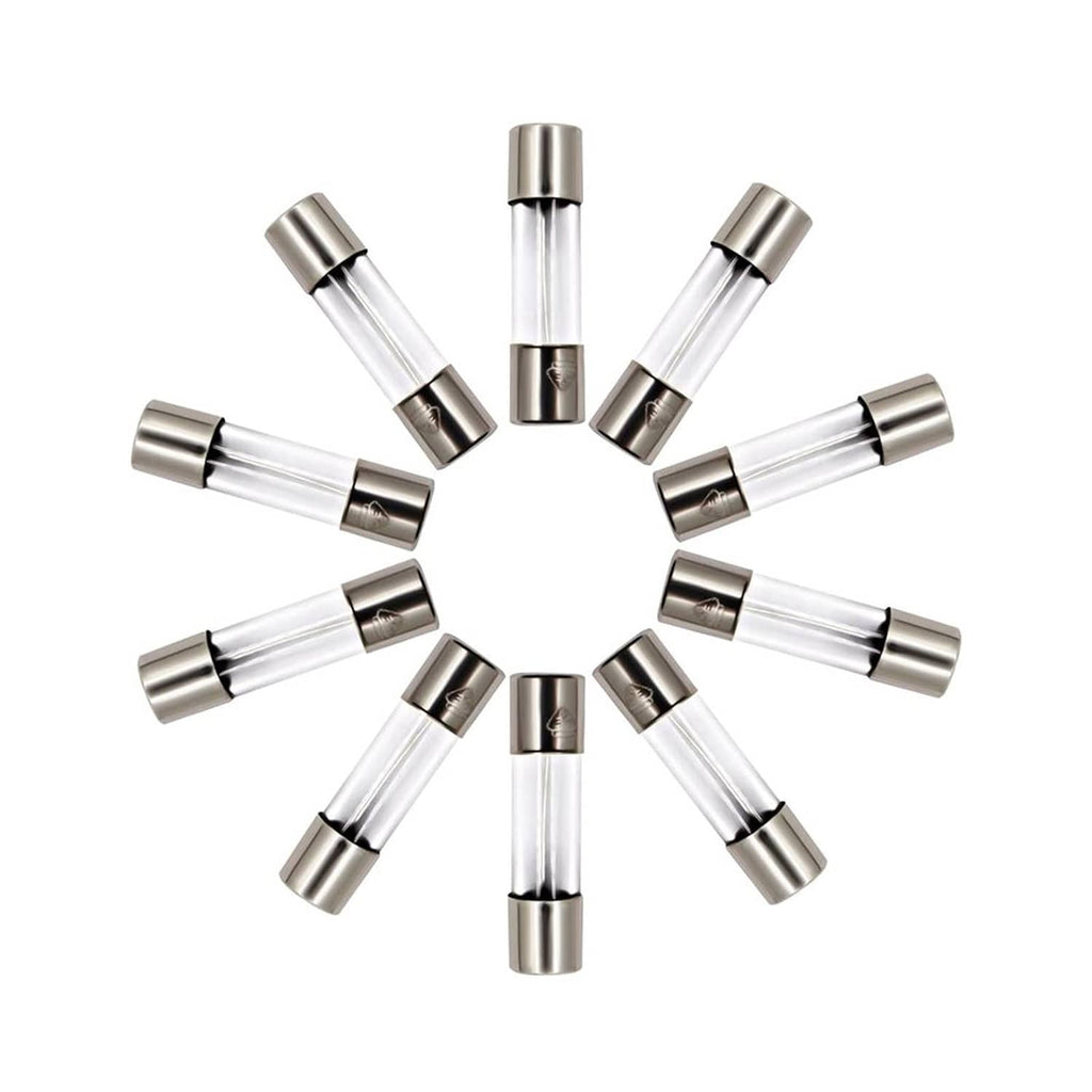 Assorted pack of 10 glass fast-blow fuses arranged in a circle