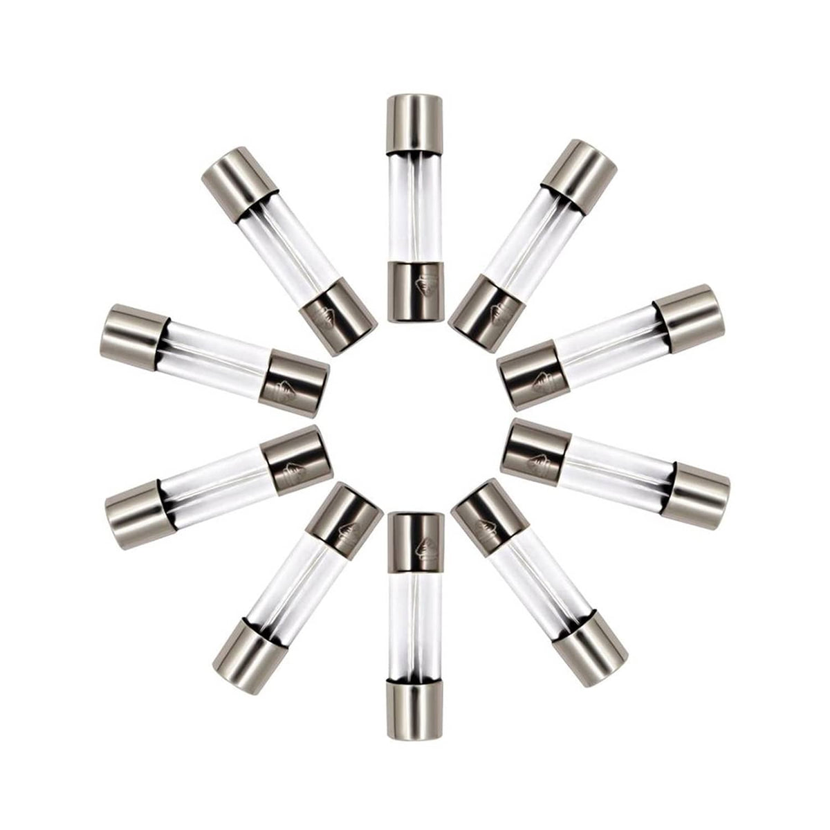 Assorted pack of 10 glass fast-blow fuses arranged in a circle