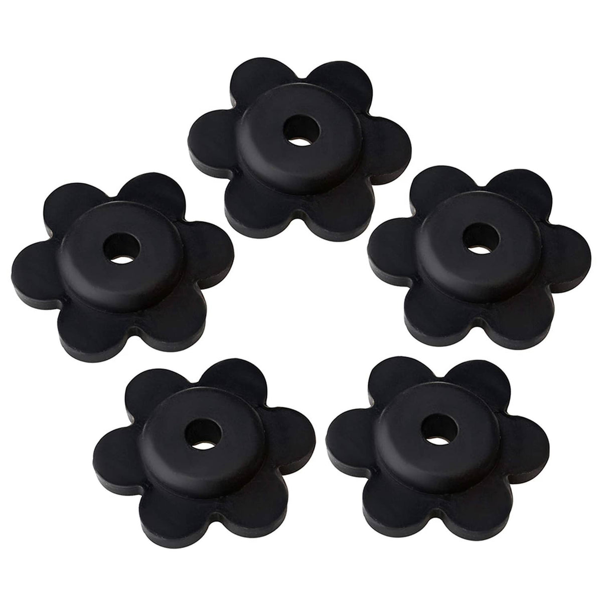 Black flower-shaped rubber flag stop set, with center hole for flagpoles