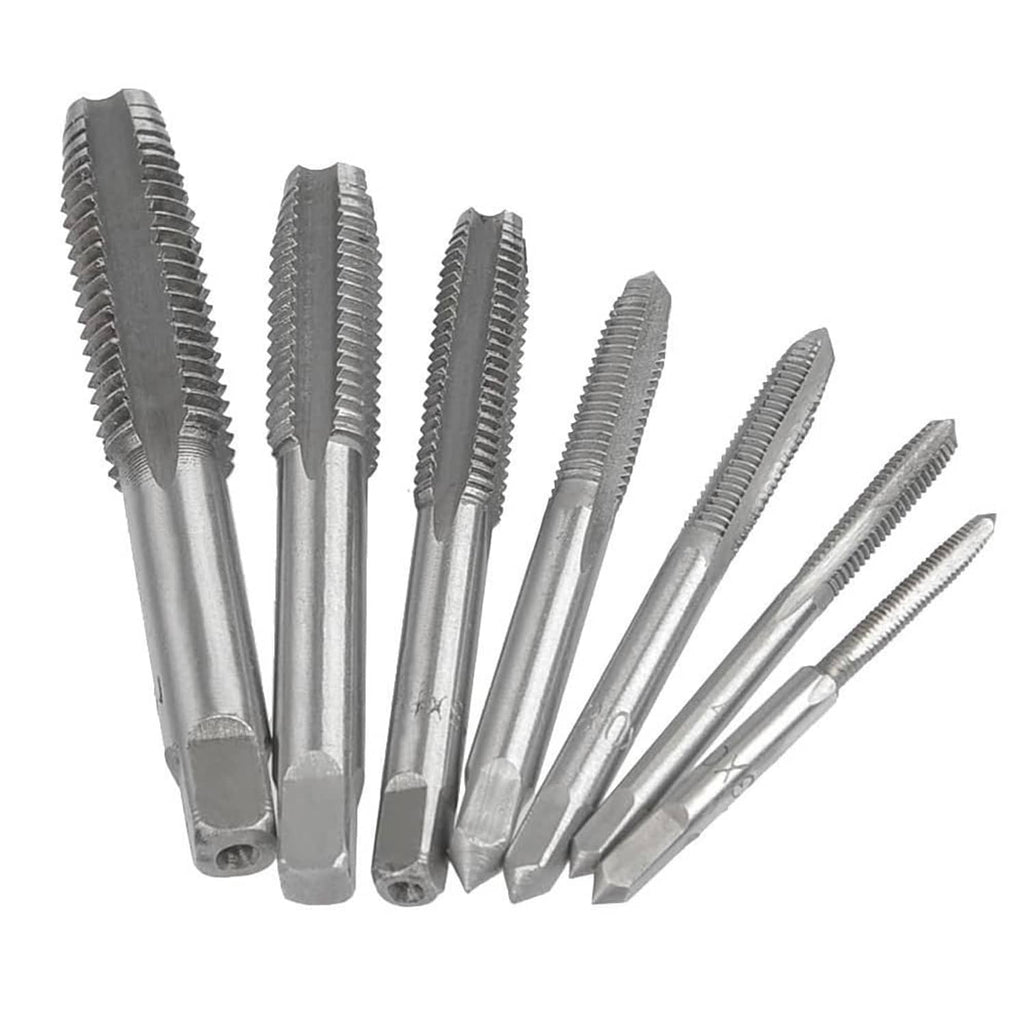 7-piece metric HSS thread tap set, silvery steel taps with spiral cutting flutes