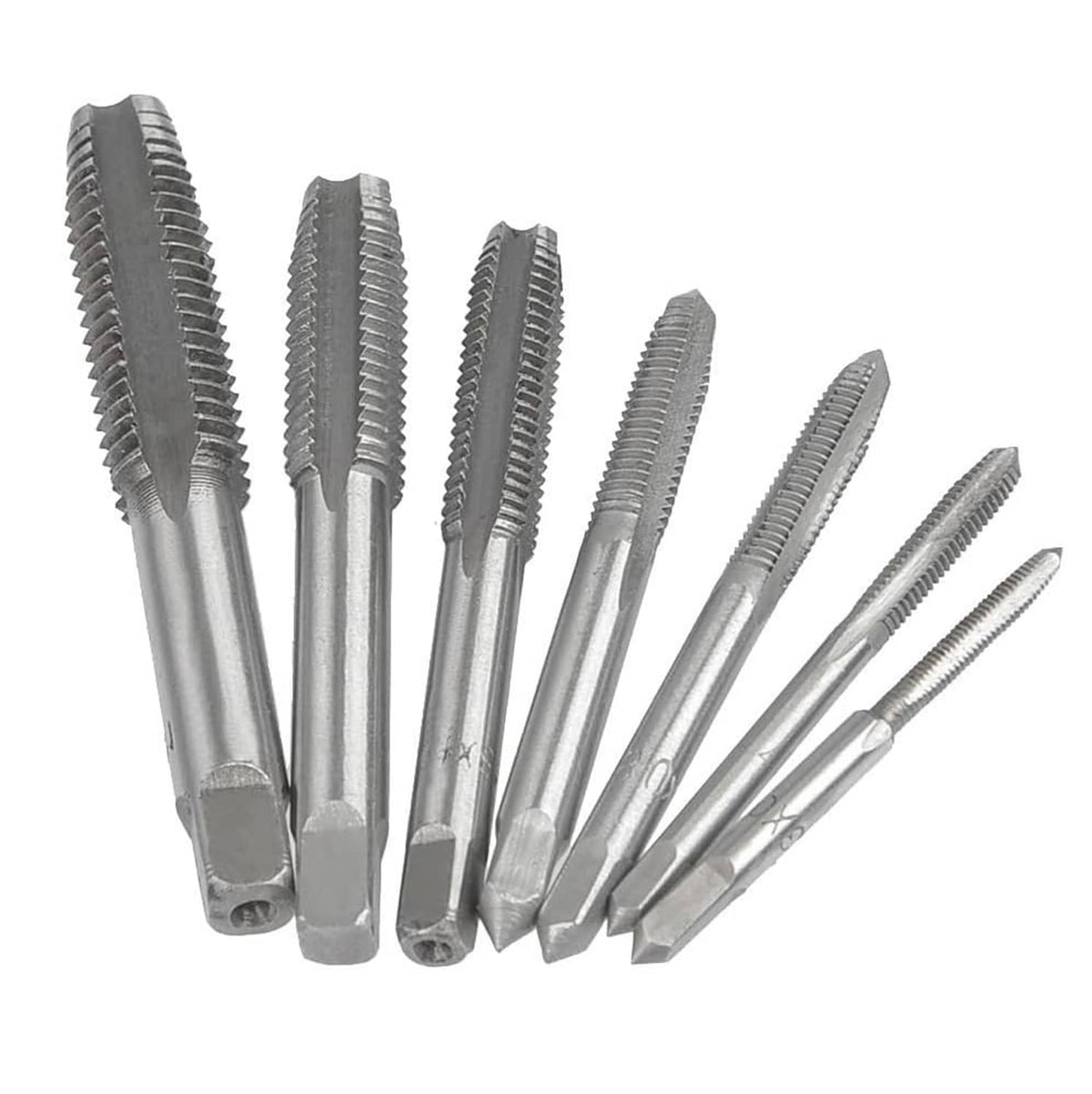7-piece metric HSS thread tap set, silvery steel taps with spiral cutting flutes