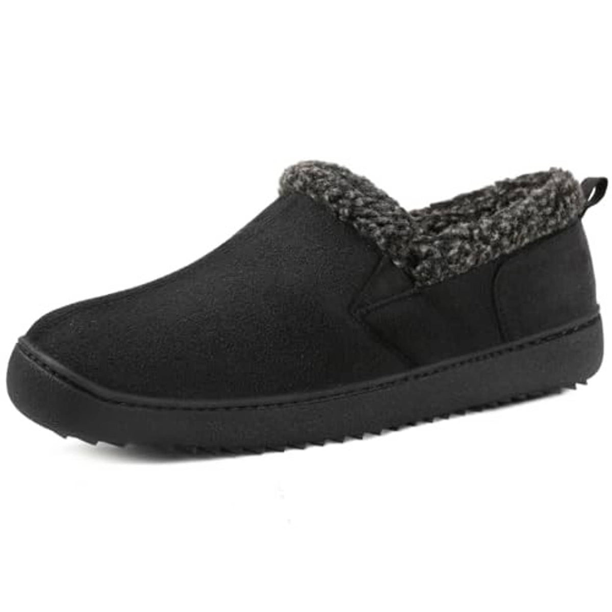 Black loafer-style bootie slippers with fuzzy collar trim and slip-on construction