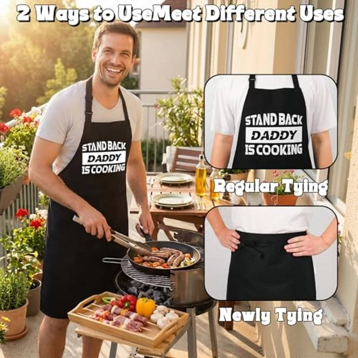 Black cooking apron tied at the waist with “STAND BACK DADDY IS COOKING” slogan print