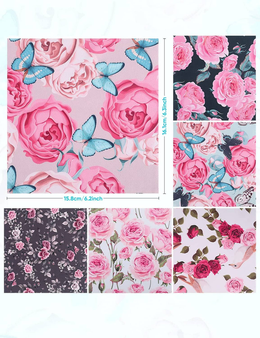 Set of 6 square cleaning cloths, peony rose and butterfly patterns in pink and black