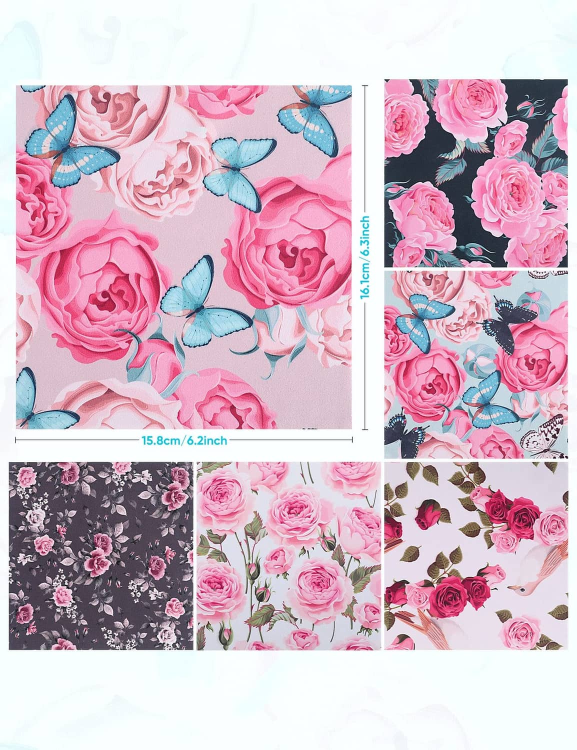 Set of 6 square cleaning cloths, peony rose and butterfly patterns in pink and black