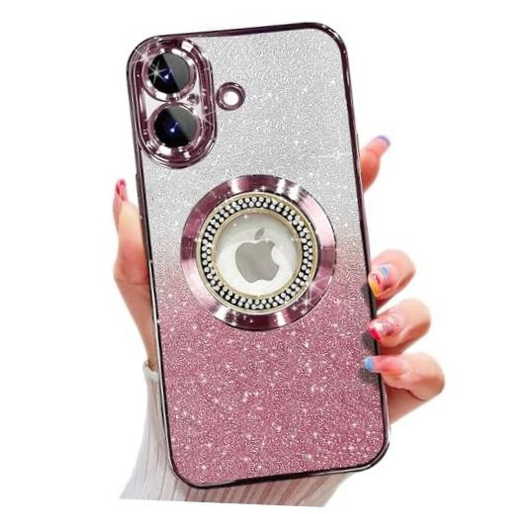 Pink and silver glitter iPhone case with rhinestone circular magnetic ring