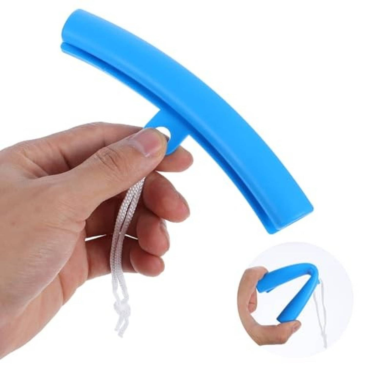 Blue rim protector sleeve held in hand with white cord tie