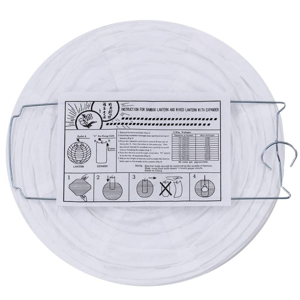 White round paper hanging lantern with visible wire frame and instruction label on top