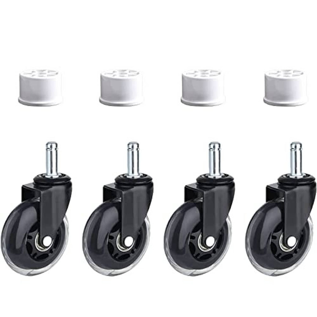 Black caster wheels with chrome stem and white PVC pipe caps, four-pack