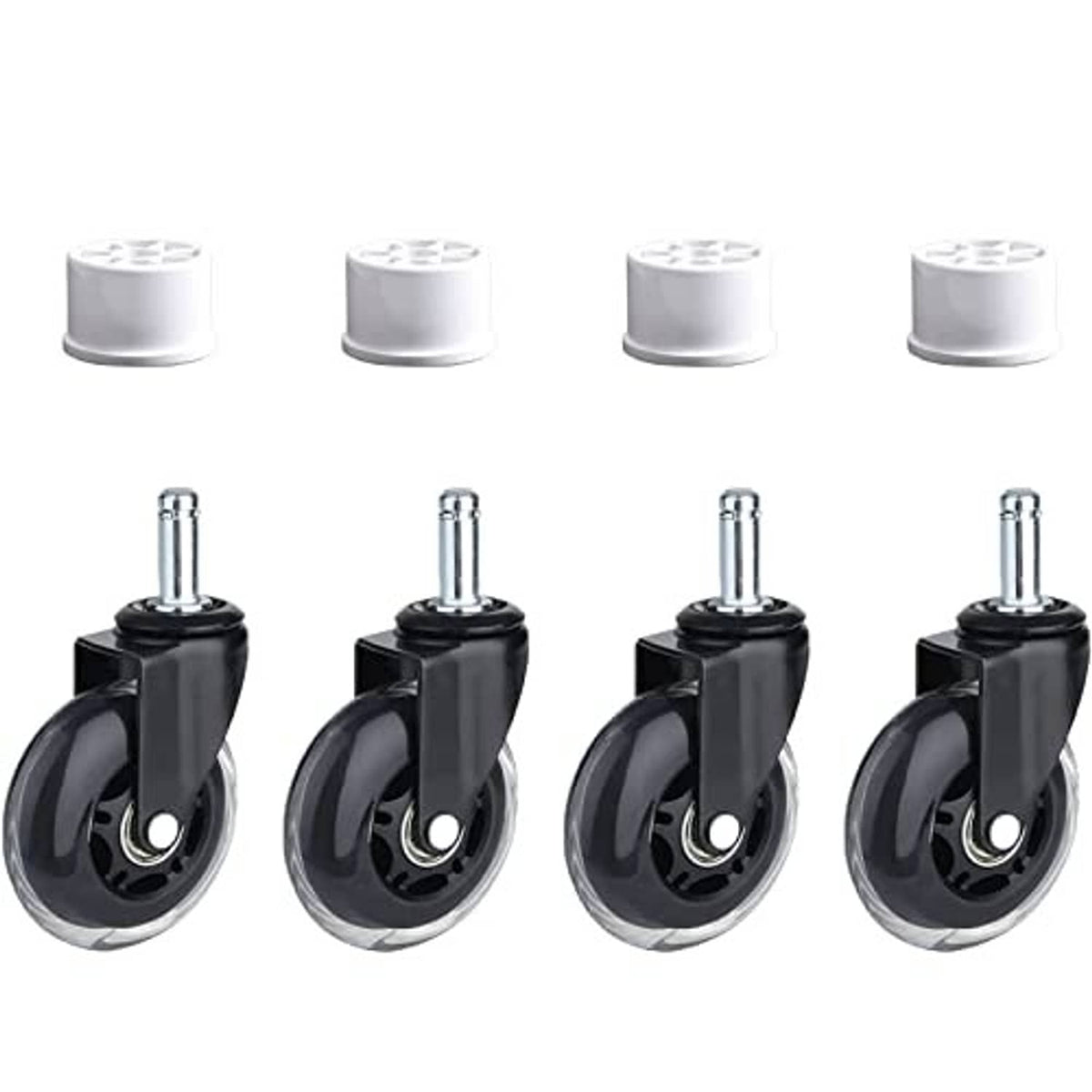 Black caster wheels with chrome stem and white PVC pipe caps, four-pack