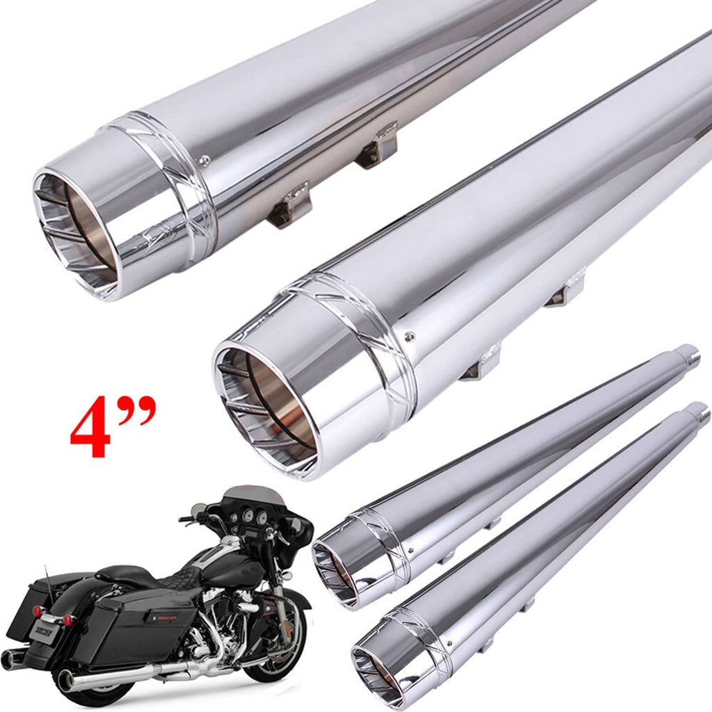 Pair of chrome slip-on exhaust mufflers with 4-inch round outlet tips and mounting brackets