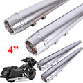 Pair of chrome slip-on exhaust mufflers with 4-inch round outlet tips and mounting brackets