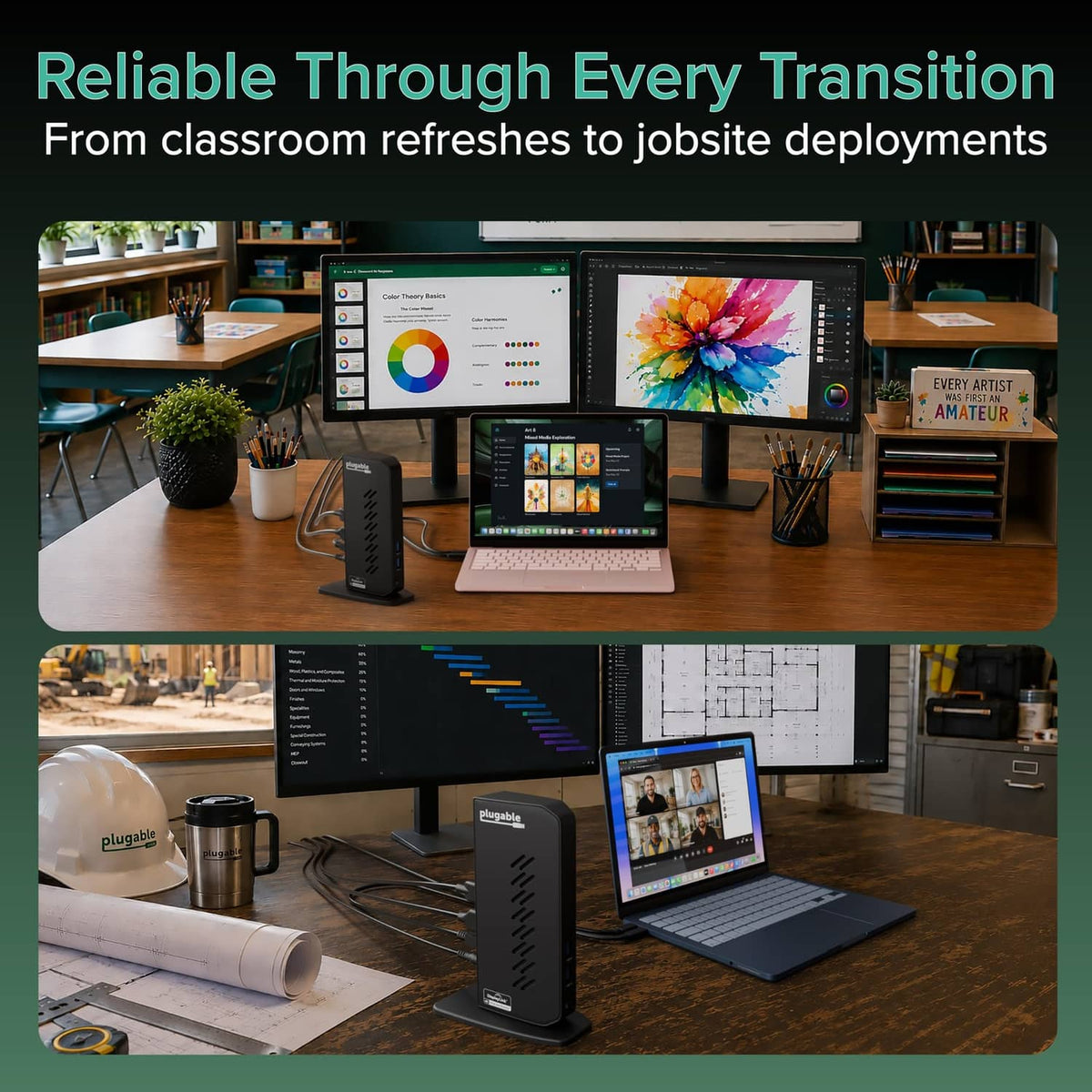 Black docking station with connected monitors and laptop setup on a desk