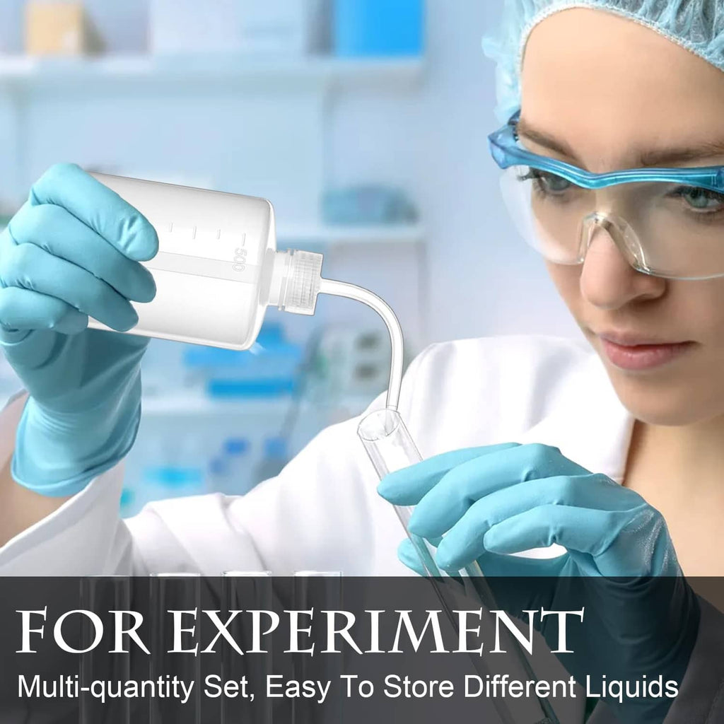 White squeeze bottle dispensing into a small container in a lab setting