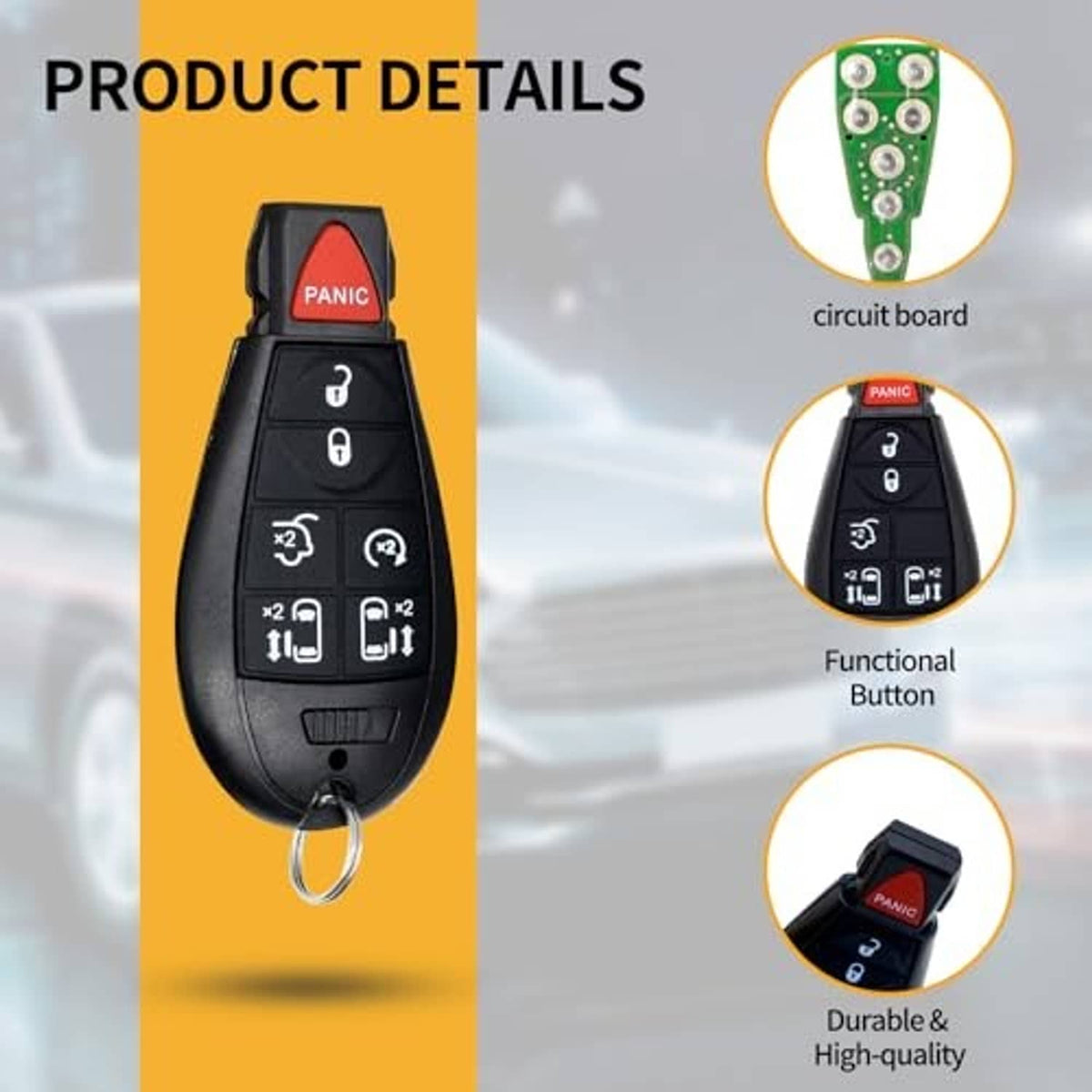 Black key fob replacement with red PANIC button; visible circuit board and buttons
