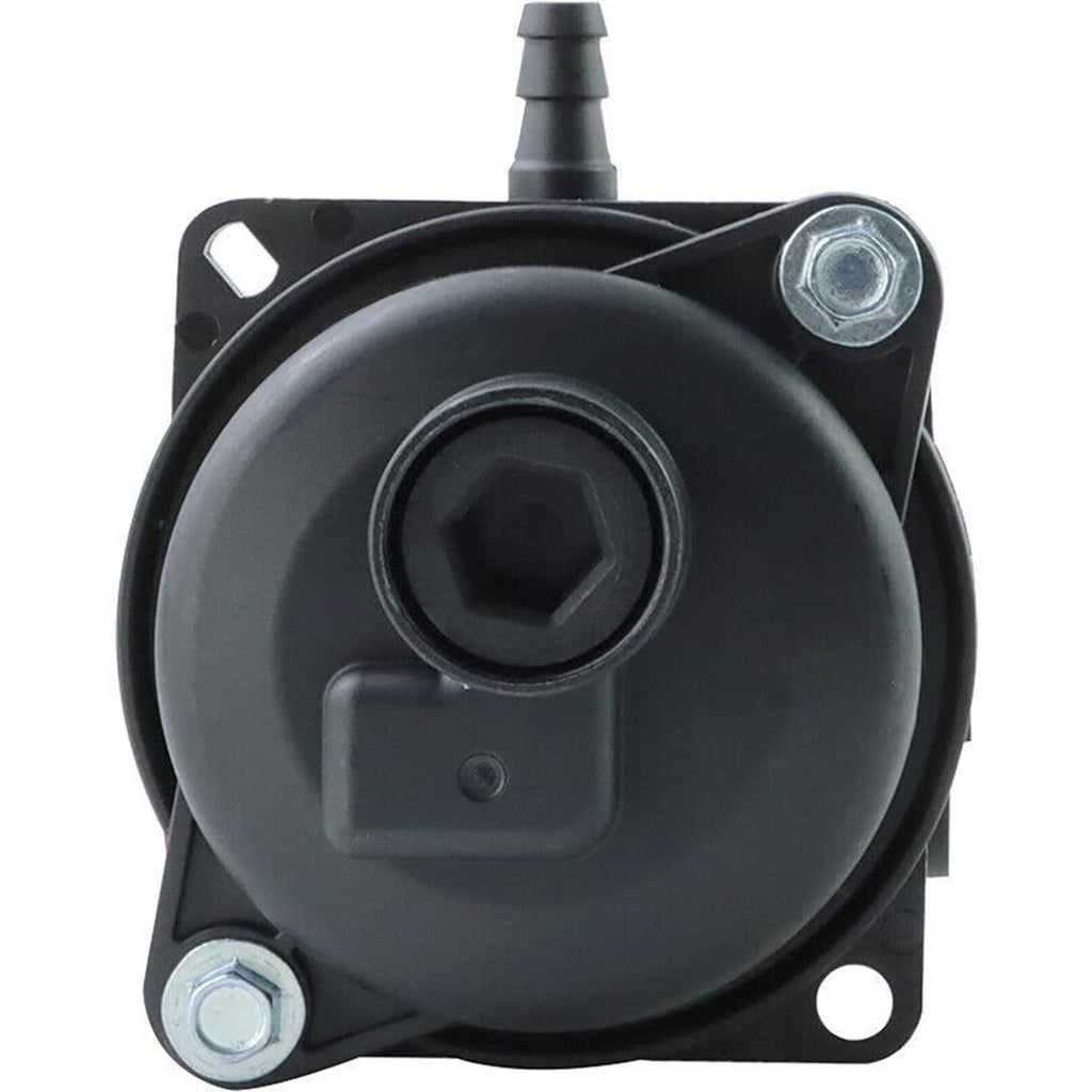 Black carburetor housing with mounting plate and hex bolts, underside view