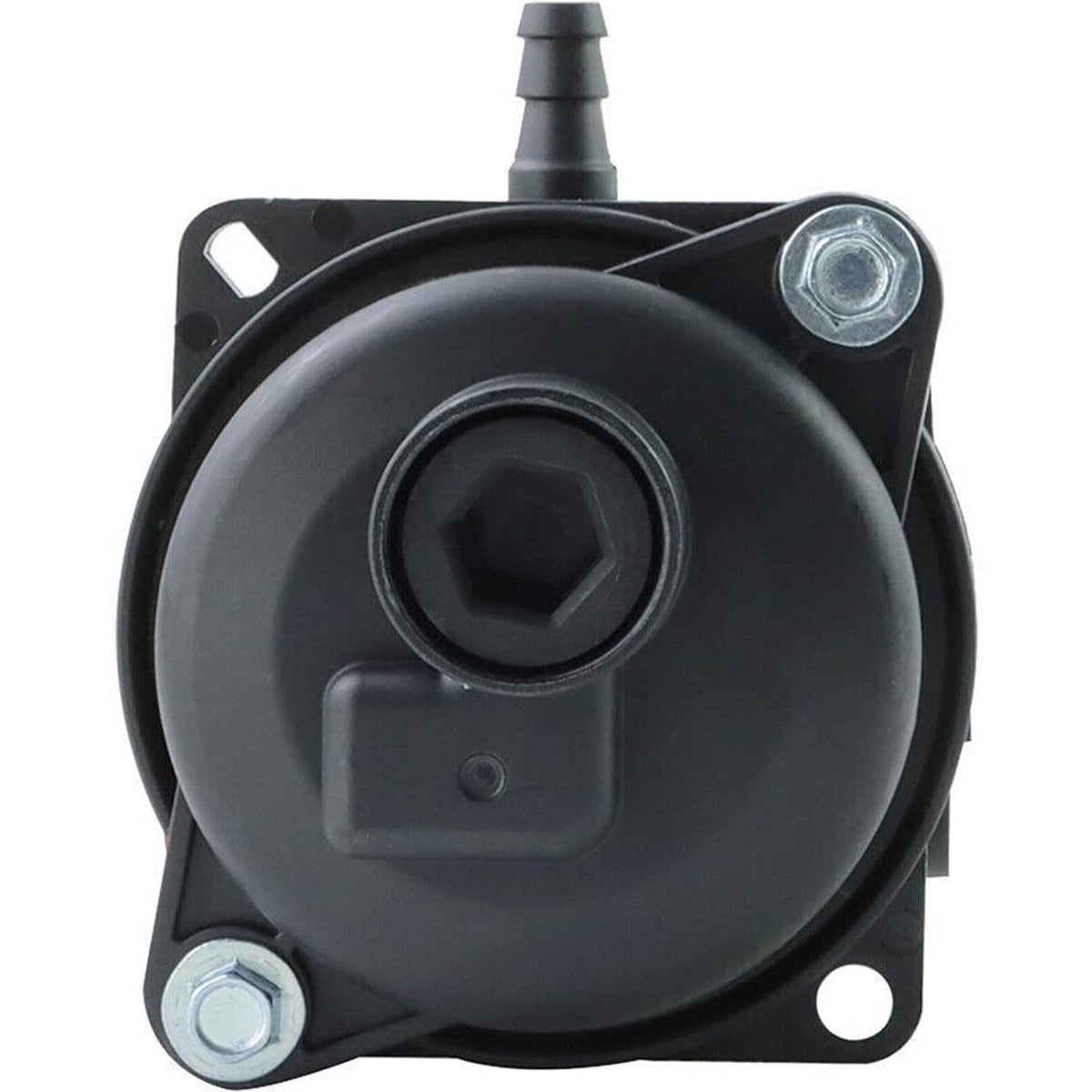 Black carburetor housing with mounting plate and hex bolts, underside view