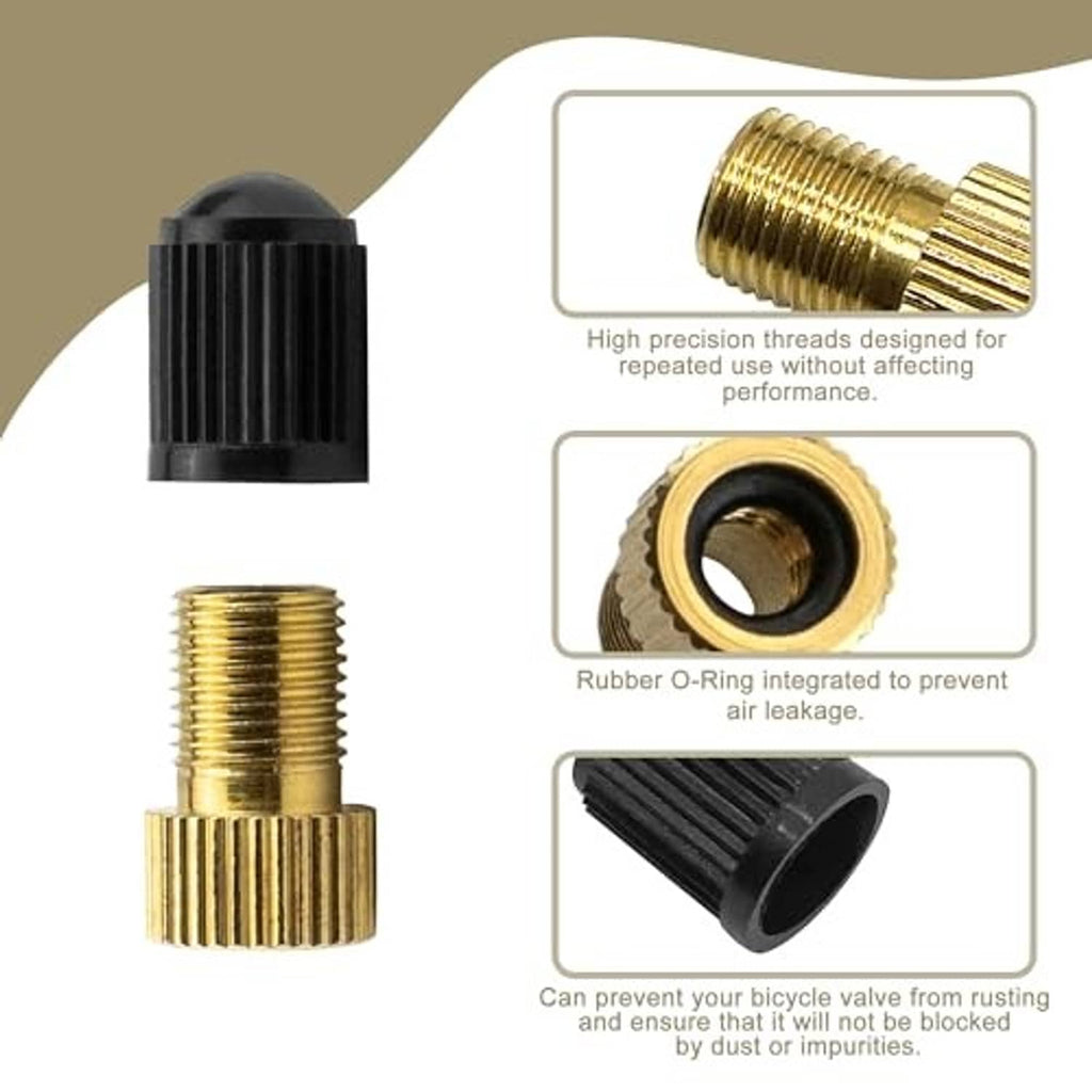 Gold metal and black rubber valve stem adapter with integrated O-ring for airtight seal