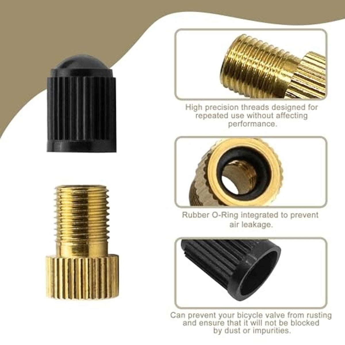 Gold metal and black rubber valve stem adapter with integrated O-ring for airtight seal