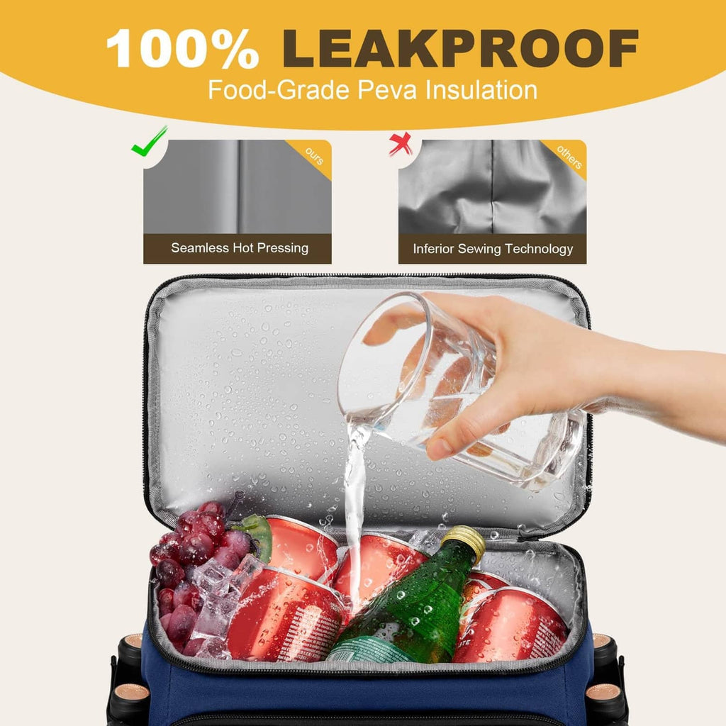 Dark blue insulated cooler backpack with open lid, water poured over items