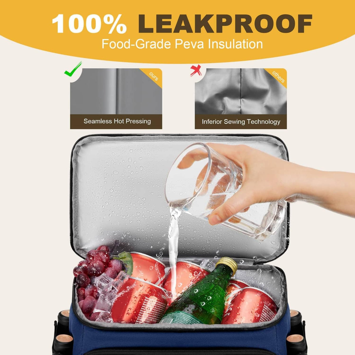 Dark blue insulated cooler backpack with open lid, water poured over items