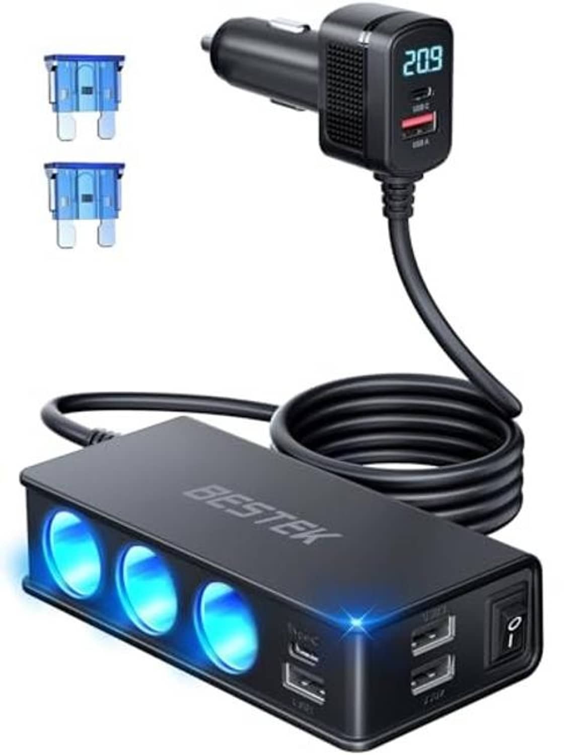 Black car cigarette lighter splitter with blue LED circles and side power switch