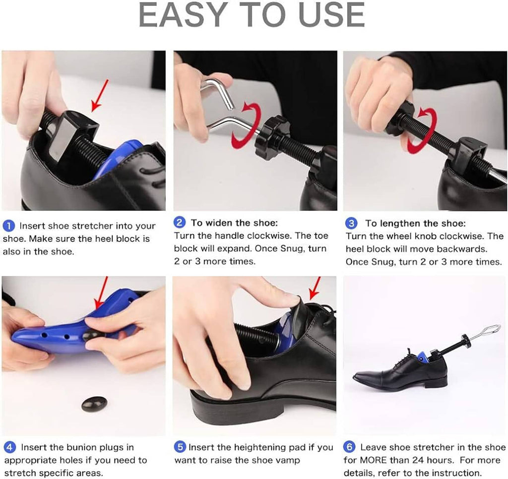 Shoe stretcher tool with blue expander and black screw inserted into a shoe