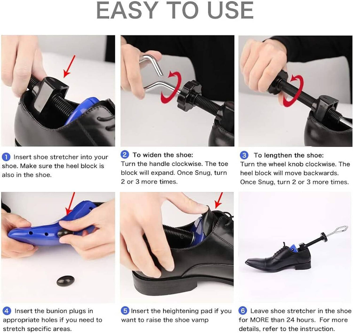 Shoe stretcher tool with blue expander and black screw inserted into a shoe