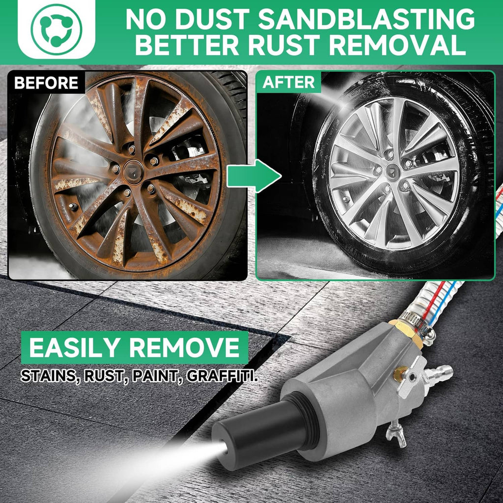 Sandblasting nozzle and coiled hose attachment for wet sand cleaning, gray adapter
