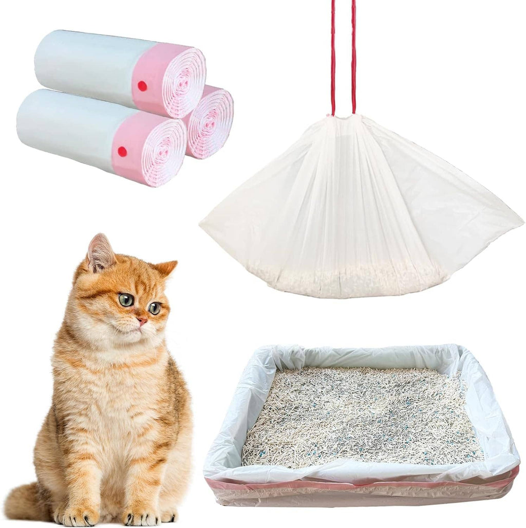 Large cat litter liner bags with white drawstring bag and light blue roll packs