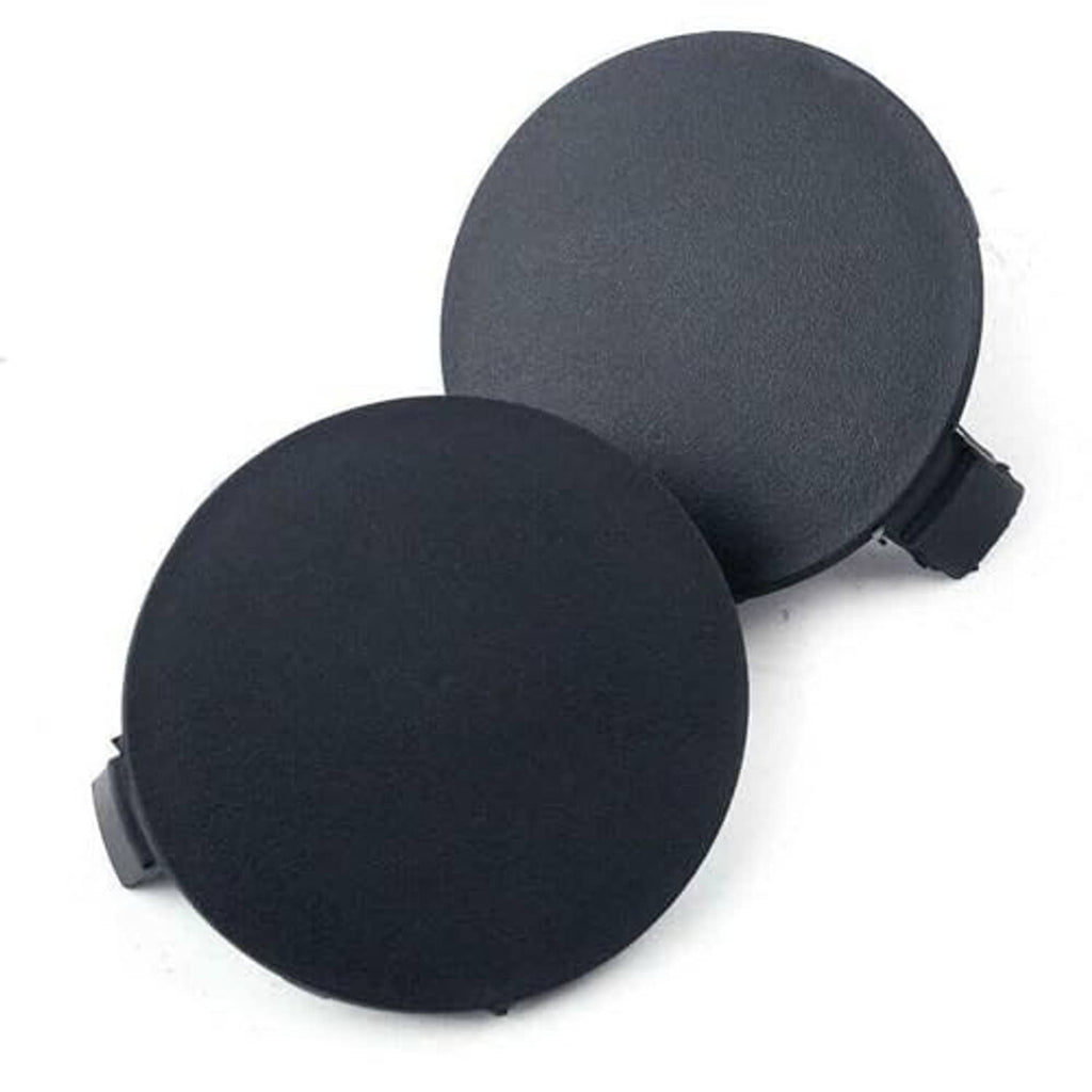 Front bumper tow hook cover caps set, black round covers with clip mounting points