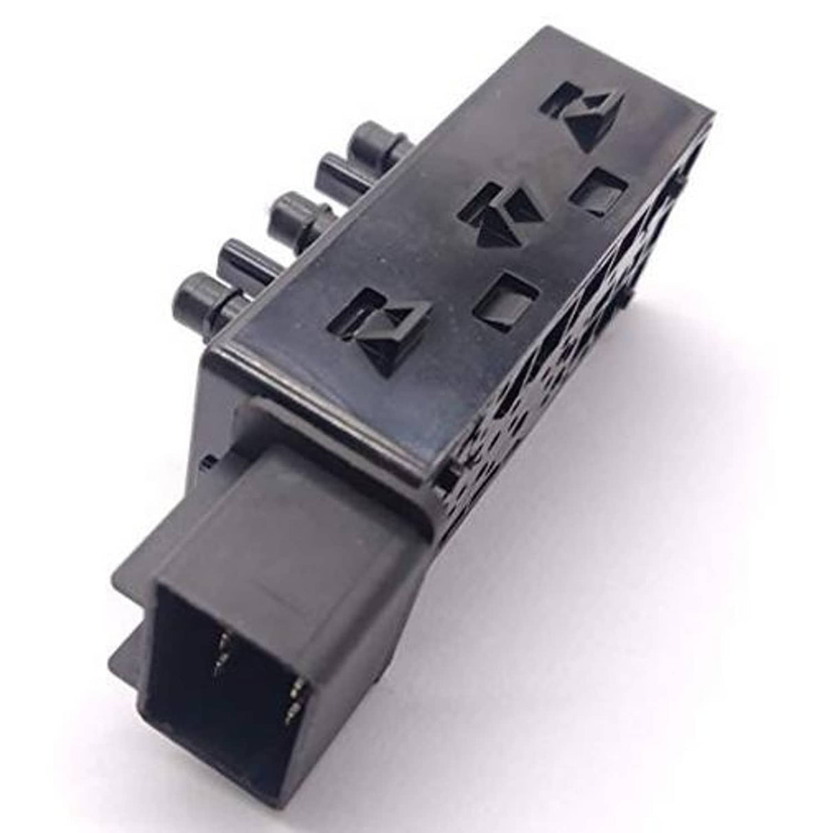 6-way power seat adjustment switch control module, angled view with multi-pin contacts