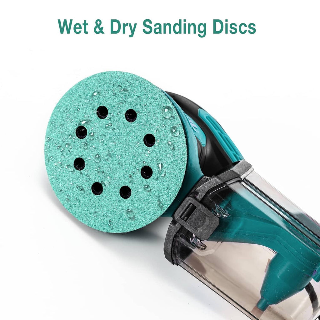 Green wet/dry sanding disc with 8 holes and water droplets, tool attachment shown