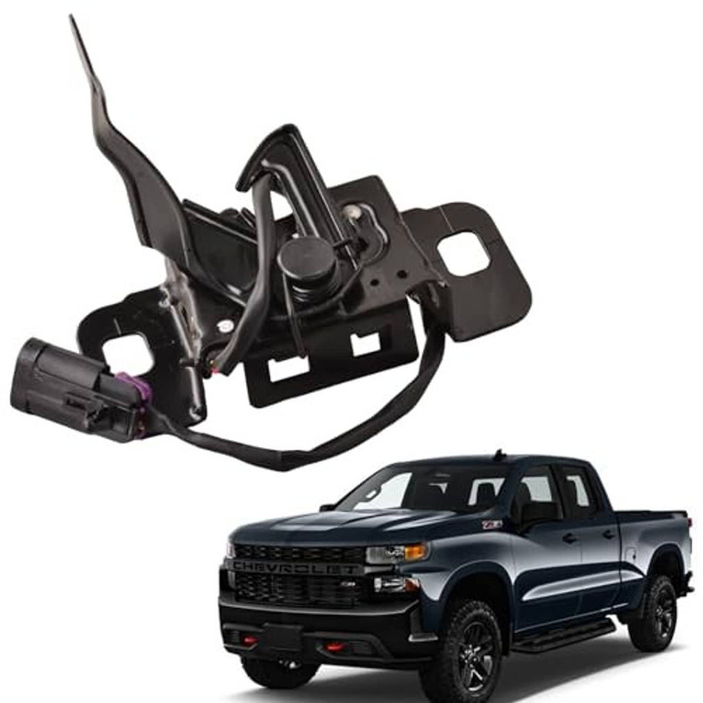 Black hood latch assembly with cables and mounting plates, front view