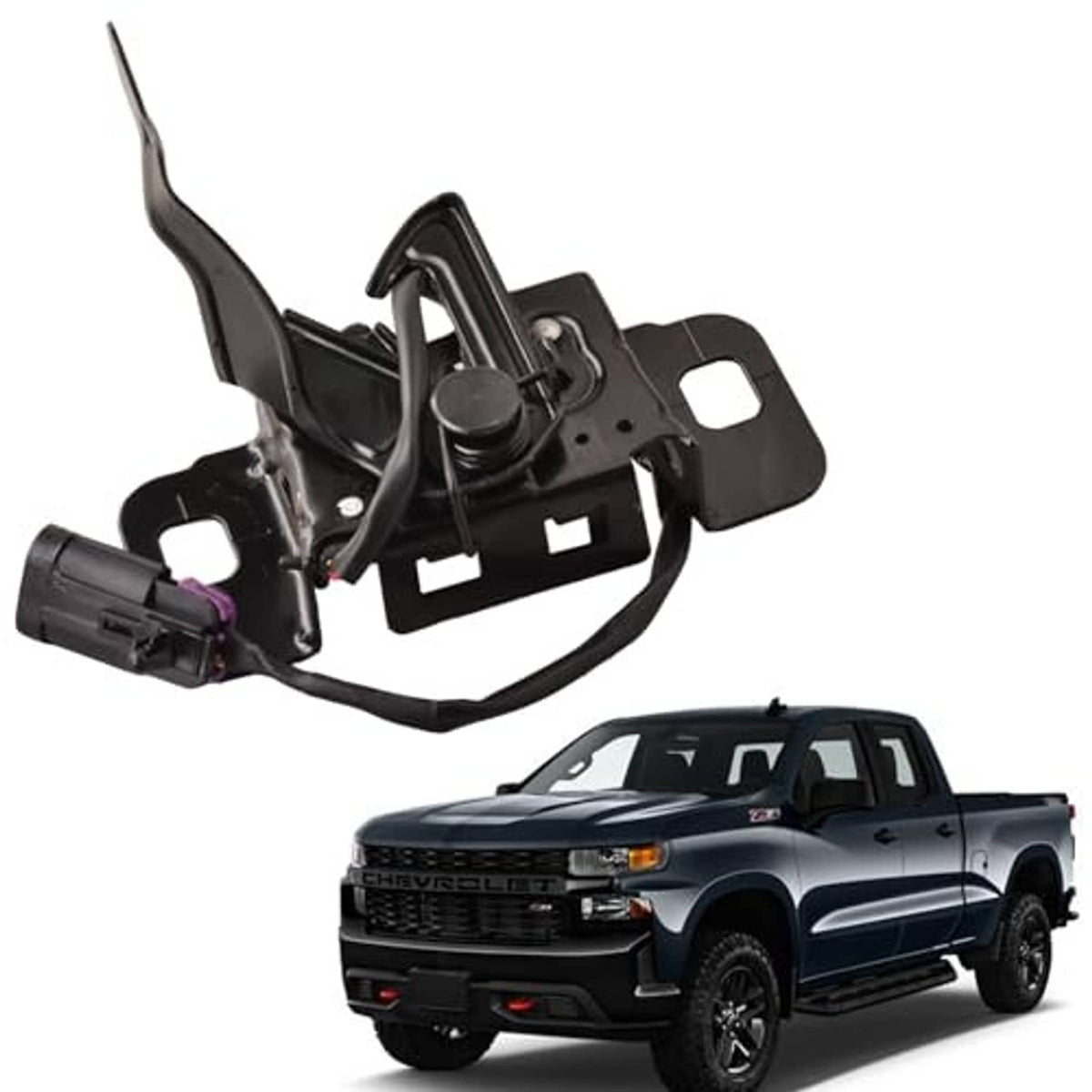 Black hood latch assembly with cables and mounting plates, front view