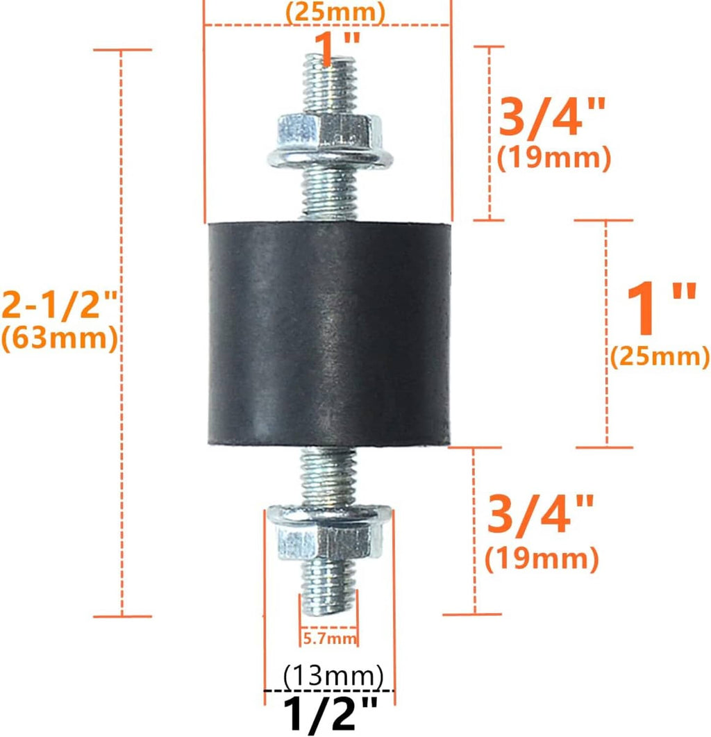 Rubber vibration isolator mount with black cylinder and silver threaded bolt