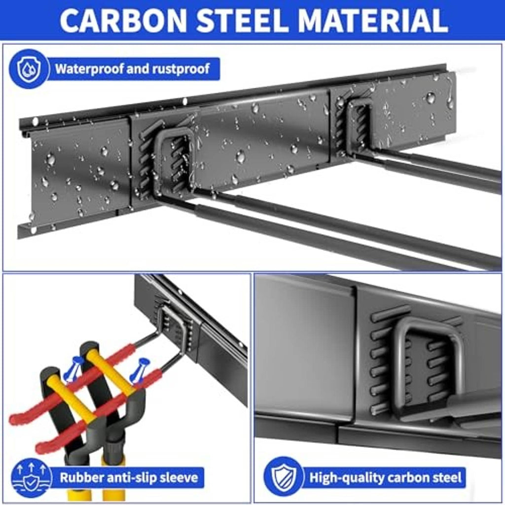 Black carbon steel wall mount rack with corner hook sections for tool storage.