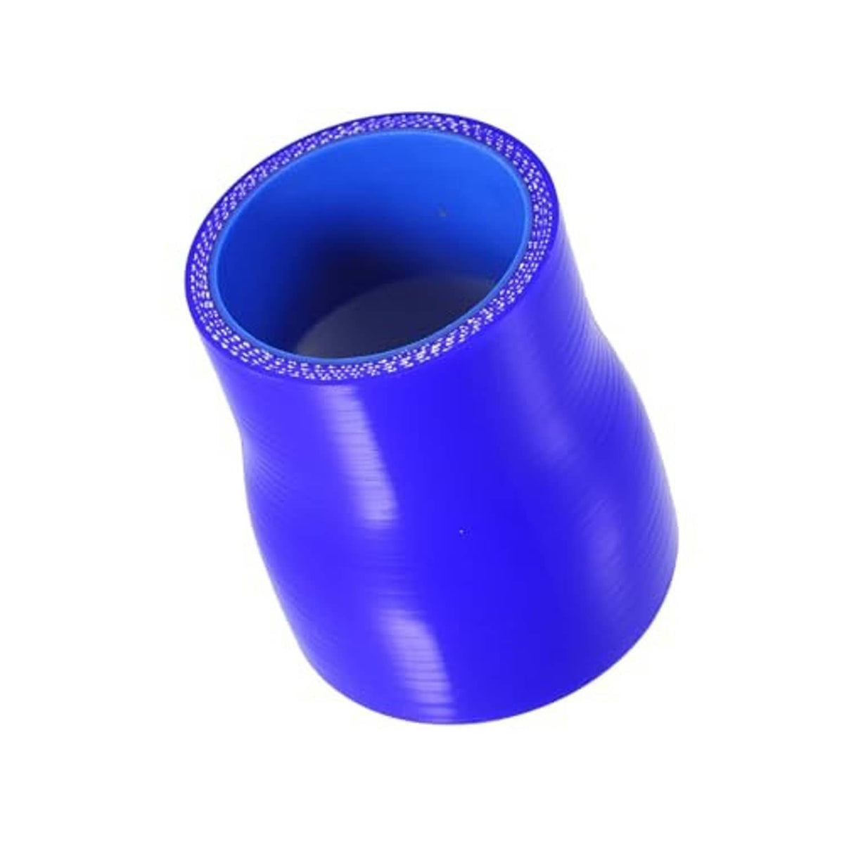 Blue straight silicone reducer hose coupler, angled view showing smooth interior
