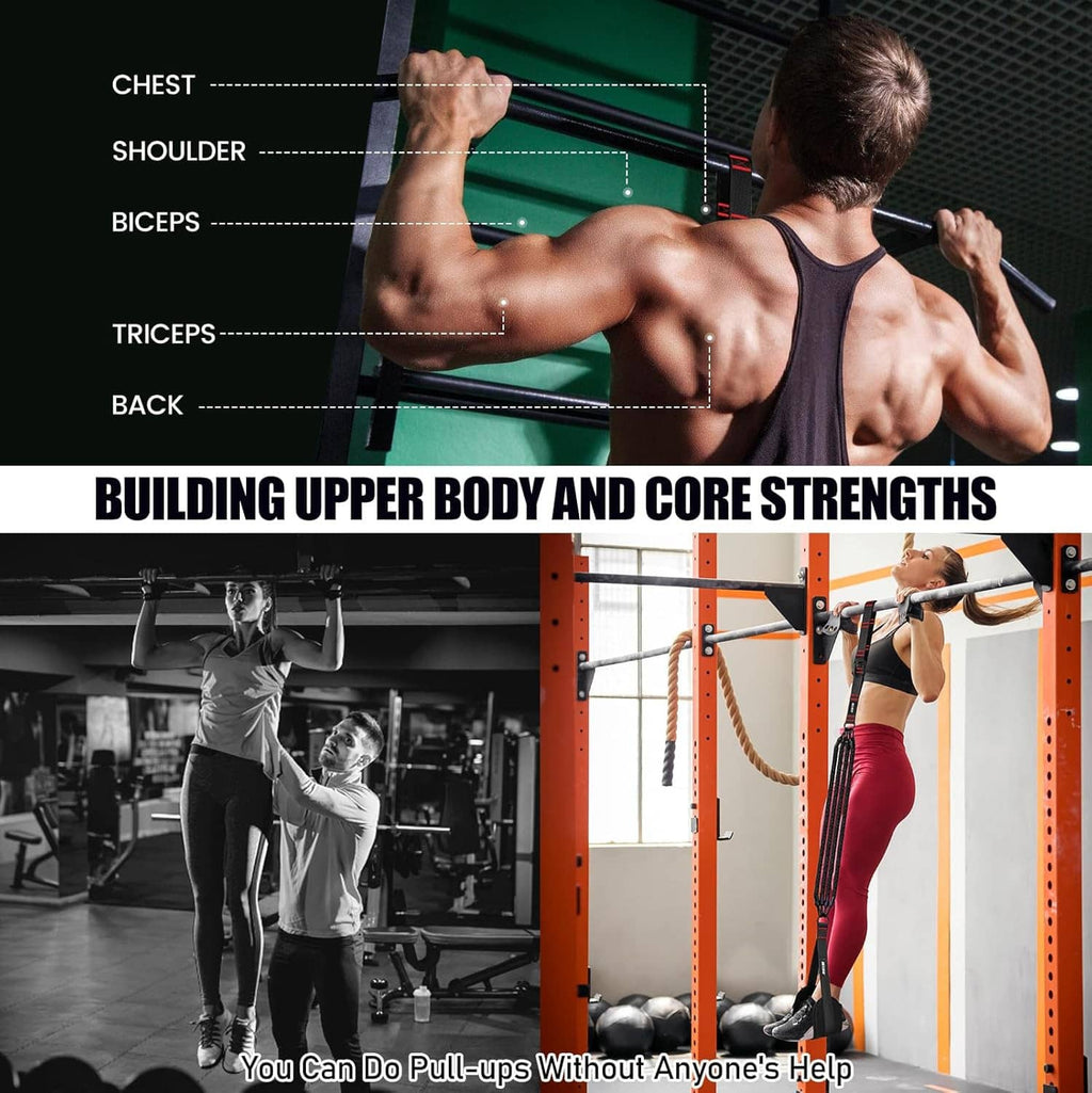 Pull-up assistance bands attached to a pull-up bar, used for upper body workouts